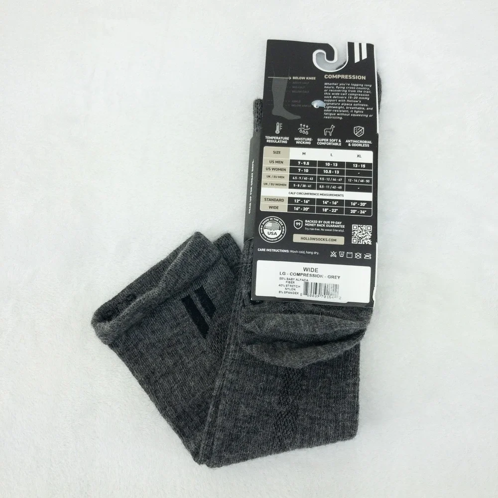 Hollow Compression Socks Mens Large Grey Wide Calf Alpaca Blend 15-20 mmHg